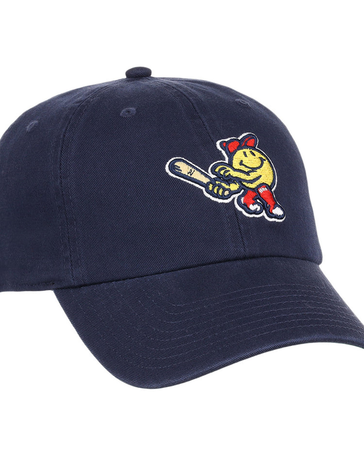 The Ebbets Field Worcester Red Sox MiLB Dad Ballcap is a navy blue baseball cap with an embroidered cartoon character holding a bat and wearing a red cap and shoes on the front panel.