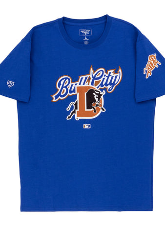 The Ebbets Field Durham Bulls MiLB Fashion Cotton Short Sleeve Tee is royal blue with 
