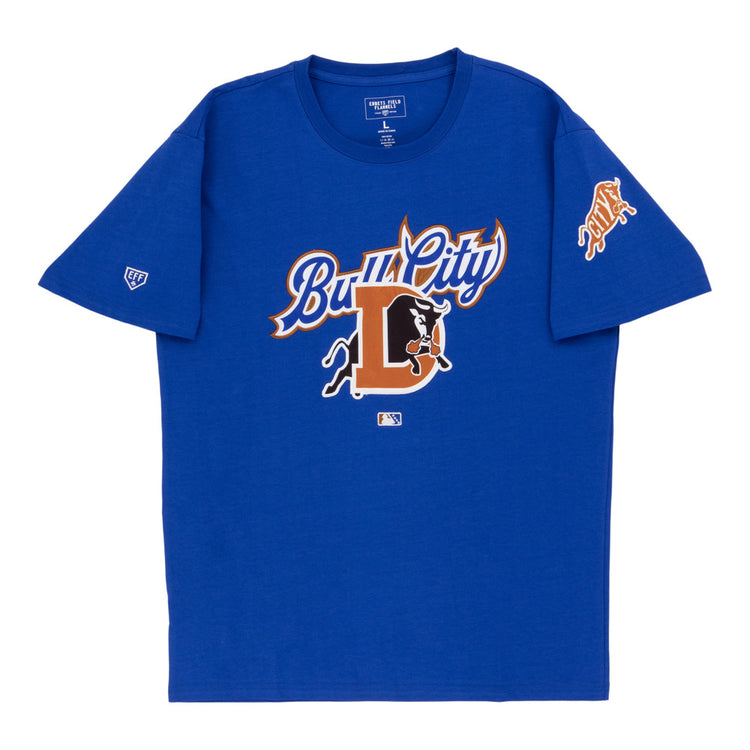 The Ebbets Field Durham Bulls MiLB Fashion Cotton Short Sleeve Tee is royal blue with 