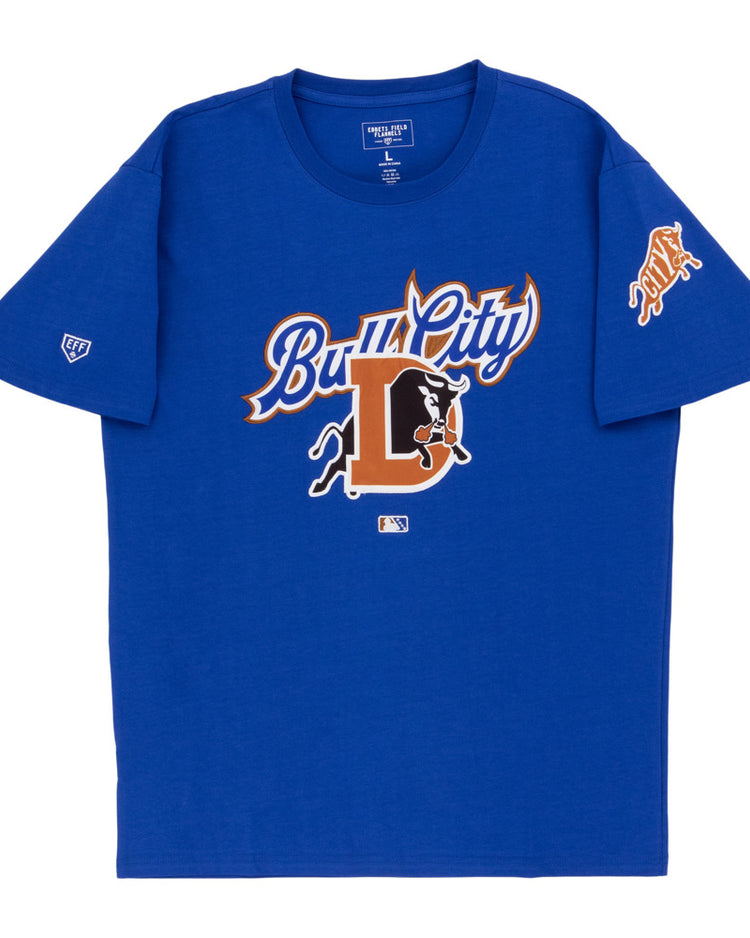 The Ebbets Field Durham Bulls MiLB Fashion Cotton Short Sleeve Tee is royal blue with 
