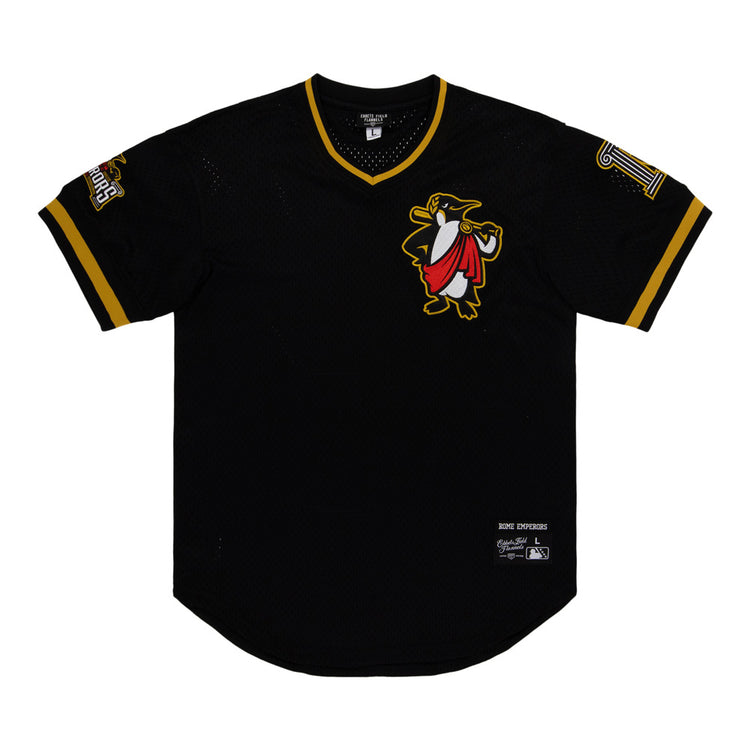 The Ebbets Field Rome Emperors MiLB V-Neck Jersey is a black jersey with yellow trim, featuring a penguin cartoon on the chest, a 