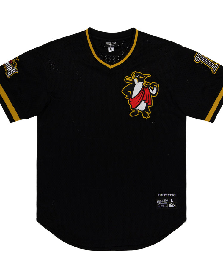 The Ebbets Field Rome Emperors MiLB V-Neck Jersey is a black jersey with yellow trim, featuring a penguin cartoon on the chest, a 