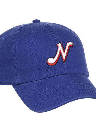 The Ebbets Field Nashville Sounds MiLB Dad Ballcap is a royal blue cap with a white and red stylized 