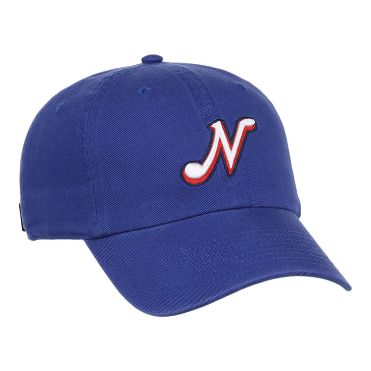 The Ebbets Field Nashville Sounds MiLB Dad Ballcap is a royal blue cap with a white and red stylized 