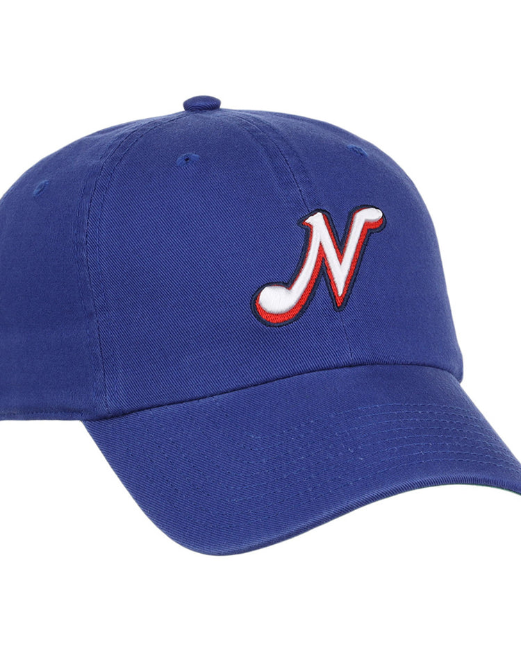 The Ebbets Field Nashville Sounds MiLB Dad Ballcap is a royal blue cap with a white and red stylized 