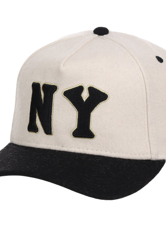The Ebbets Field New York Black Yankees NLB Ballpark A-Frame Ballcap features a white crown, black brim, black NY letters on the front, a black button on top, and black stitching accents.
