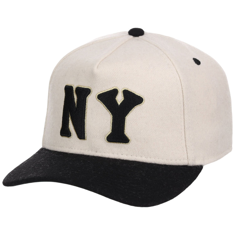 The Ebbets Field New York Black Yankees NLB Ballpark A-Frame Ballcap features a white crown, black brim, black NY letters on the front, a black button on top, and black stitching accents.