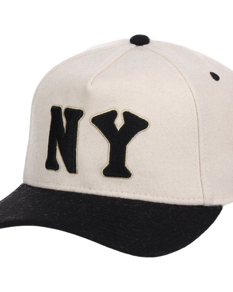 The Ebbets Field New York Black Yankees NLB Ballpark A-Frame Ballcap features a white crown, black brim, black NY letters on the front, a black button on top, and black stitching accents.