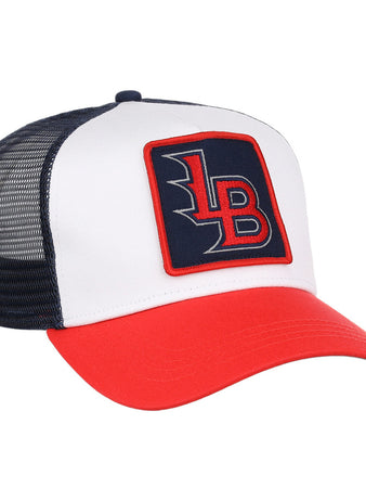 The Ebbets Field Louisville Bats MiLB Trucker Ballcap features a white front, black mesh back, red bill, and a square “LB” patch in red and white on a navy background.