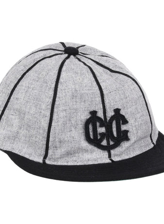 The Ebbets Field Chicago Union Giants NLB 1905 Vintage 8-Panel Ballcap features gray fabric, black vertical stripes, a black brim, and a black embroidered CG logo on the front.