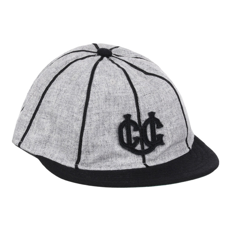 The Ebbets Field Chicago Union Giants NLB 1905 Vintage 8-Panel Ballcap features gray fabric, black vertical stripes, a black brim, and a black embroidered CG logo on the front.