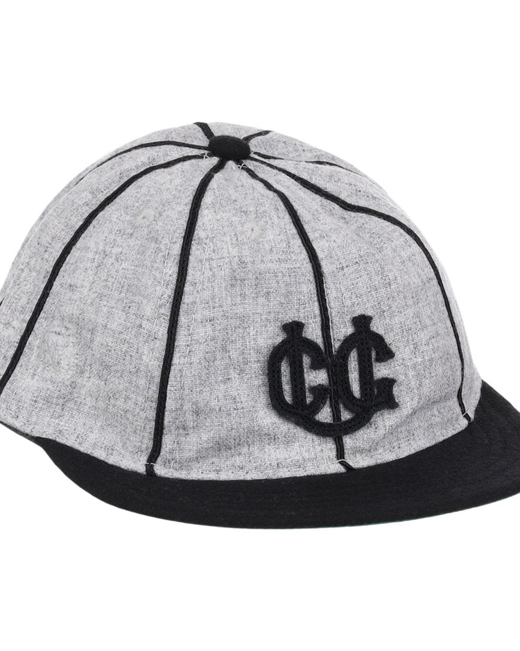 The Ebbets Field Chicago Union Giants NLB 1905 Vintage 8-Panel Ballcap features gray fabric, black vertical stripes, a black brim, and a black embroidered CG logo on the front.