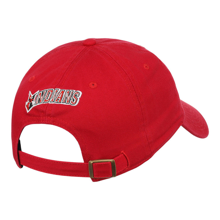 A red Ebbets Field Indianapolis Indians MiLB Dad Ballcap seen from the back displays adjustable strap and buckle, with 