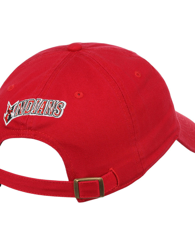 A red Ebbets Field Indianapolis Indians MiLB Dad Ballcap seen from the back displays adjustable strap and buckle, with 