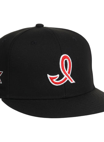 The Ebbets Field Indianapolis Indians MiLB Snapback Ballcap is a black hat with a red ribbon embroidered on the front and a multicolored star crowned design on the left side.