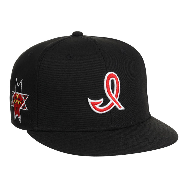 The Ebbets Field Indianapolis Indians MiLB Snapback Ballcap is a black hat with a red ribbon embroidered on the front and a multicolored star crowned design on the left side.