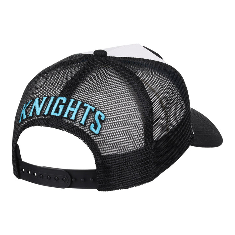 The Ebbets Field Charlotte Knights MiLB Trucker Ballcap is a black mesh snapback hat, shown from the back, with 