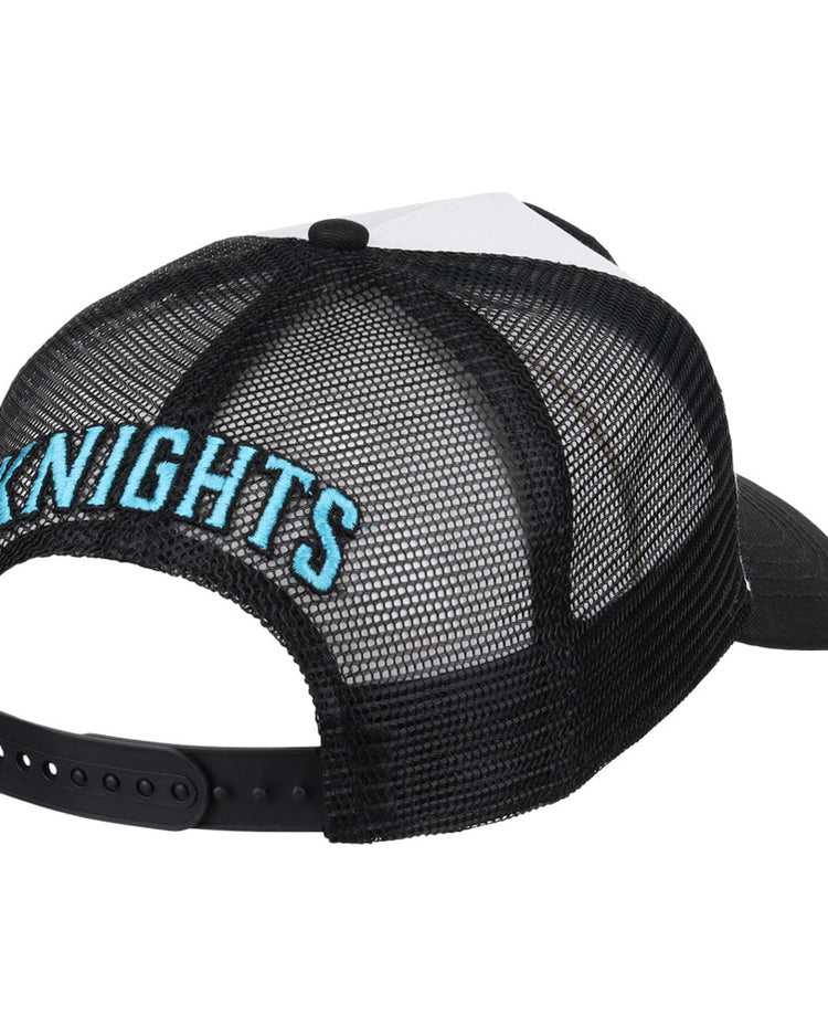 The Ebbets Field Charlotte Knights MiLB Trucker Ballcap is a black mesh snapback hat, shown from the back, with 
