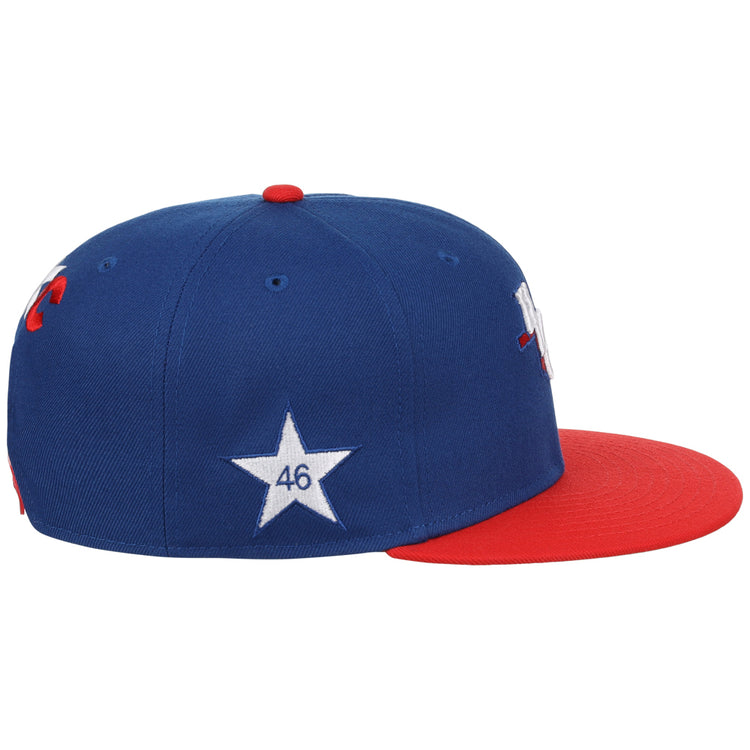 The Ebbets Field Oklahoma City Dodgers MiLB Two Tone Snapback Ballcap is blue with a red brim and features a white star with the number 46 on the side.