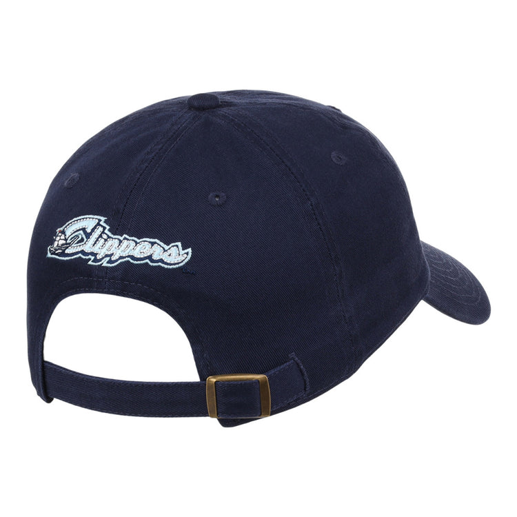 The Ebbets Field Columbus Clippers MiLB Dad Ballcap is a navy baseball cap featuring an adjustable strap with brass buckle and 