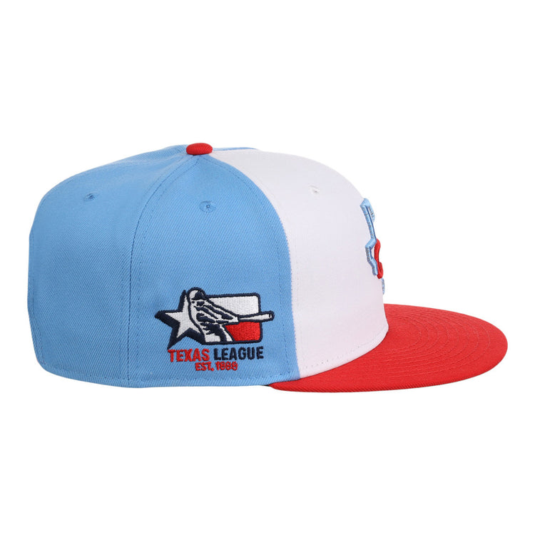 The Ebbets Field Corpus Christi Hooks MiLB Snapback Ballcap features a light blue side and top, white front panel, red brim, and an embroidered Texas League logo with baseball, bat, star, and 