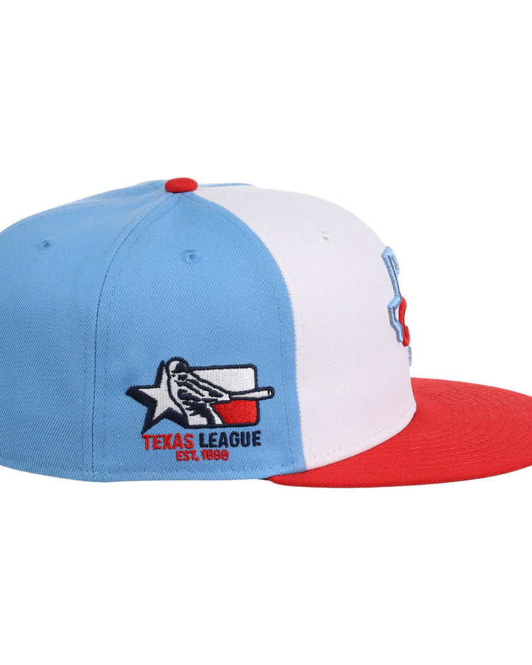 The Ebbets Field Corpus Christi Hooks MiLB Snapback Ballcap features a light blue side and top, white front panel, red brim, and an embroidered Texas League logo with baseball, bat, star, and 