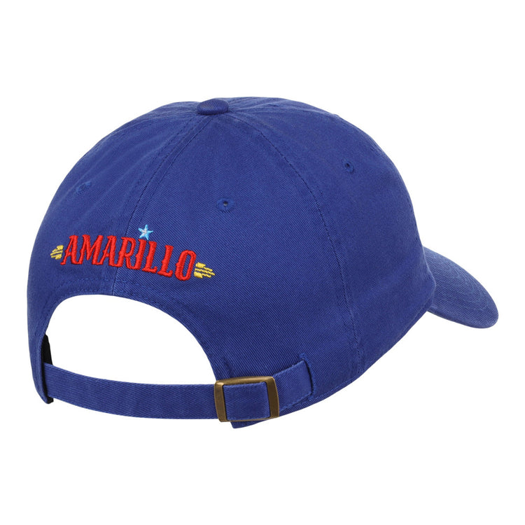 The Ebbets Field Amarillo Sod Poodles MiLB Dad Ballcap is a blue cap with an adjustable strap and buckle. 
