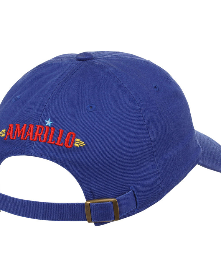 The Ebbets Field Amarillo Sod Poodles MiLB Dad Ballcap is a blue cap with an adjustable strap and buckle. 