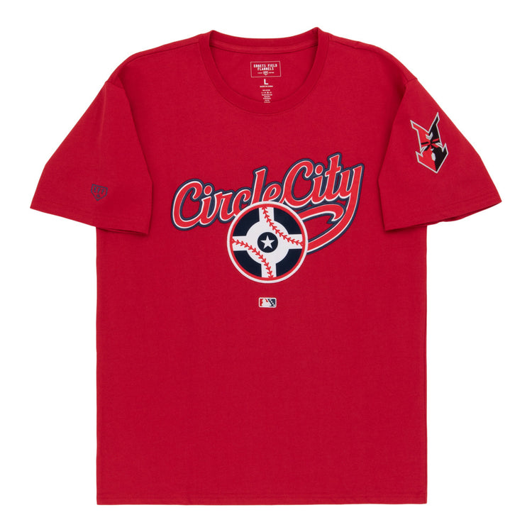 The Ebbets Field Indianapolis Indians MiLB Fashion Cotton Short Sleeve Tee is red with 
