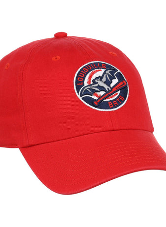 The Louisville Bats MiLB Dad Ballcap by Ebbets Field is a red hat featuring the team's logo—a bat holding a baseball bat inside a navy and white circle with 