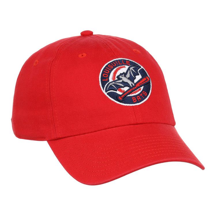 The Louisville Bats MiLB Dad Ballcap by Ebbets Field is a red hat featuring the team's logo—a bat holding a baseball bat inside a navy and white circle with 