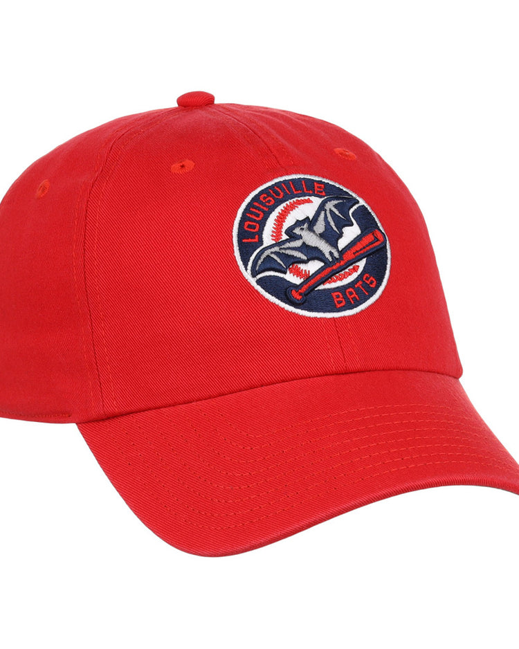The Louisville Bats MiLB Dad Ballcap by Ebbets Field is a red hat featuring the team's logo—a bat holding a baseball bat inside a navy and white circle with 