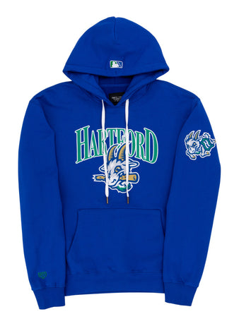 The Ebbets Field Hartford Yard Goats MiLB Cotton Hooded Sweatshirt is blue, features a cartoon rabbit logo and 