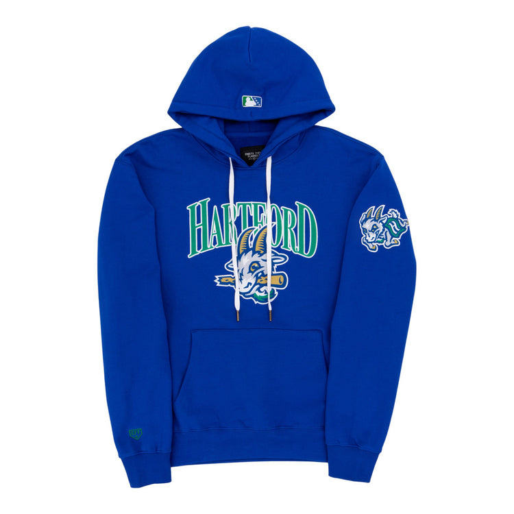 The Ebbets Field Hartford Yard Goats MiLB Cotton Hooded Sweatshirt is blue, features a cartoon rabbit logo and 