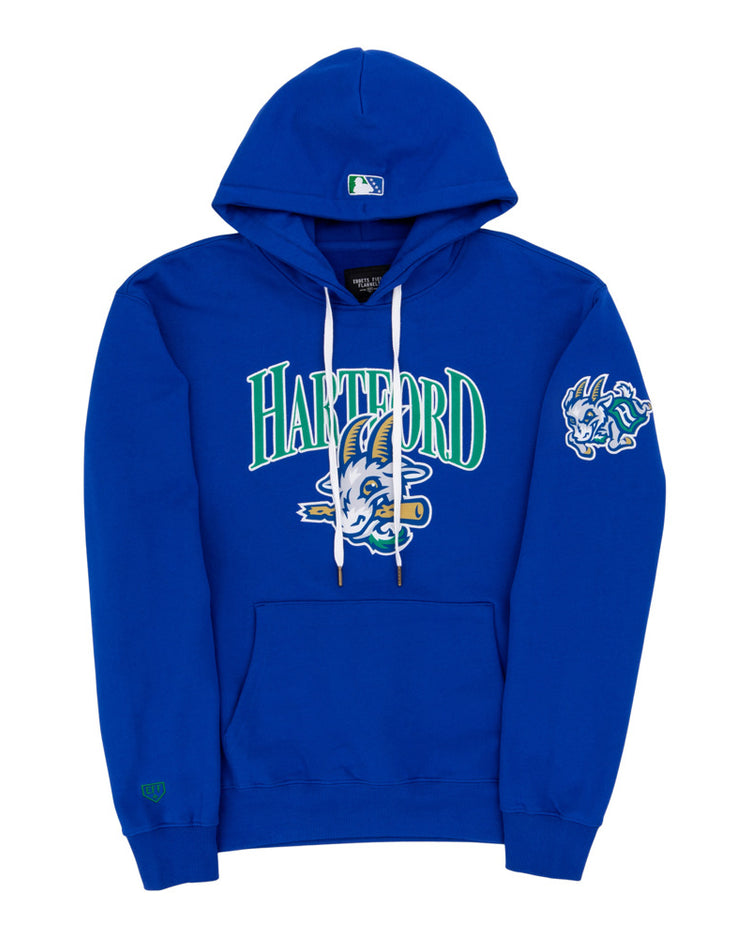 The Ebbets Field Hartford Yard Goats MiLB Cotton Hooded Sweatshirt is blue, features a cartoon rabbit logo and 