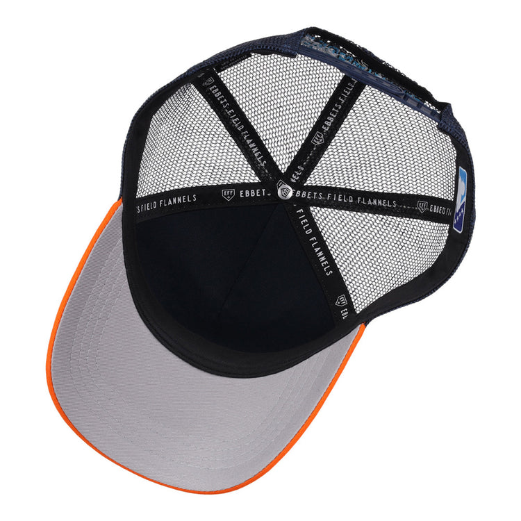 A top-down view of the Ebbets Field Sugarland Space Cowboys MiLB Trucker Ballcap shows a gray brim, orange edge, black mesh back, and interior black bands labeled 