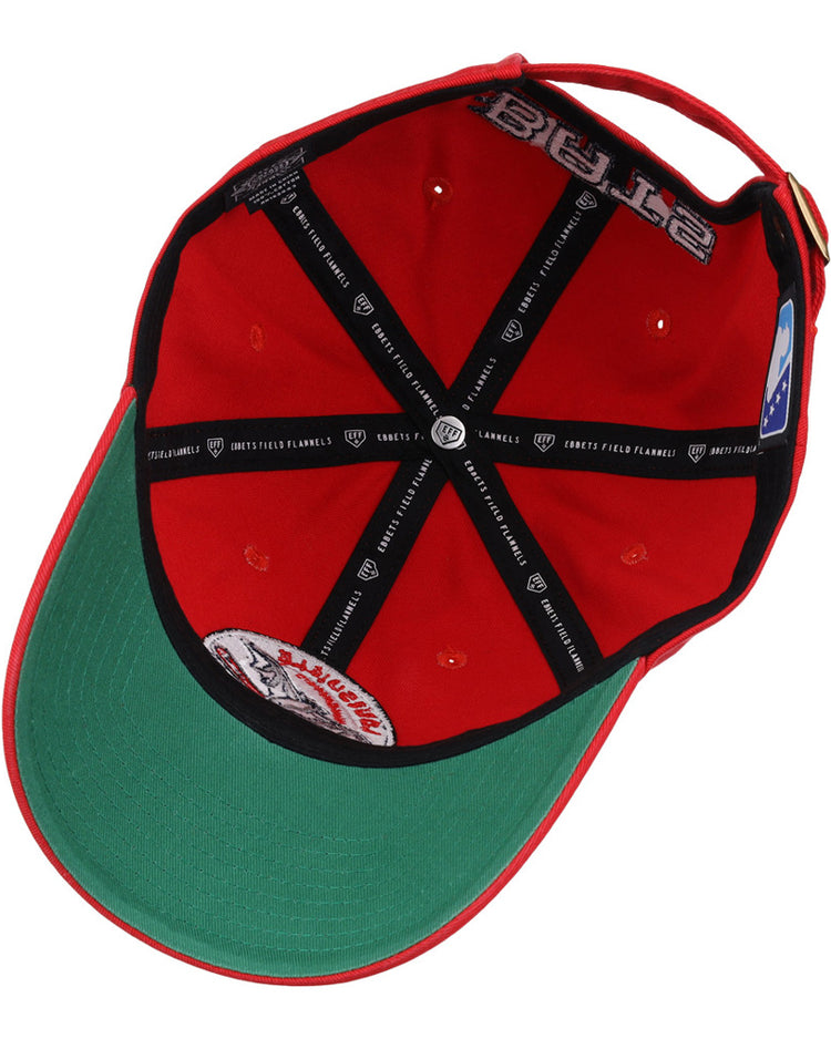 The Louisville Bats MiLB Dad Ballcap by Ebbets Field features a red, upside-down design with a green brim underside, black lining, white label, ventilation holes, and an adjustable back strap.