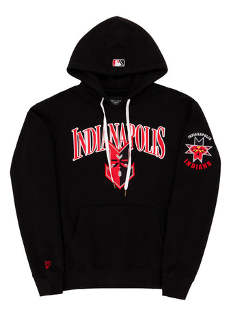 The Ebbets Field Indianapolis Indians MiLB Cotton Hooded Sweatshirt features “Indianapolis” in bold red and white letters on the chest, a star graphic below, and a logo with a red face and team name on the left sleeve.