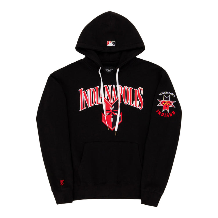 The Ebbets Field Indianapolis Indians MiLB Cotton Hooded Sweatshirt features “Indianapolis” in bold red and white letters on the chest, a star graphic below, and a logo with a red face and team name on the left sleeve.
