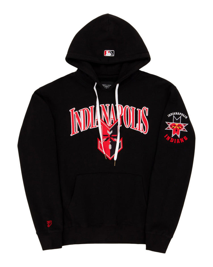 The Ebbets Field Indianapolis Indians MiLB Cotton Hooded Sweatshirt features “Indianapolis” in bold red and white letters on the chest, a star graphic below, and a logo with a red face and team name on the left sleeve.