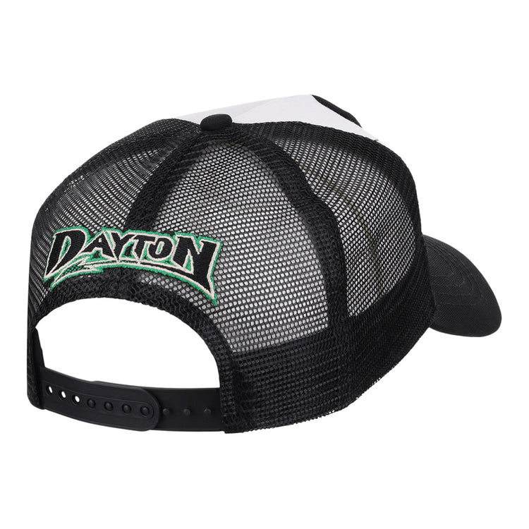 The Ebbets Field Dayton Dragons MiLB Trucker Ballcap is a black mesh hat shown from the back, with an adjustable snap closure and 
