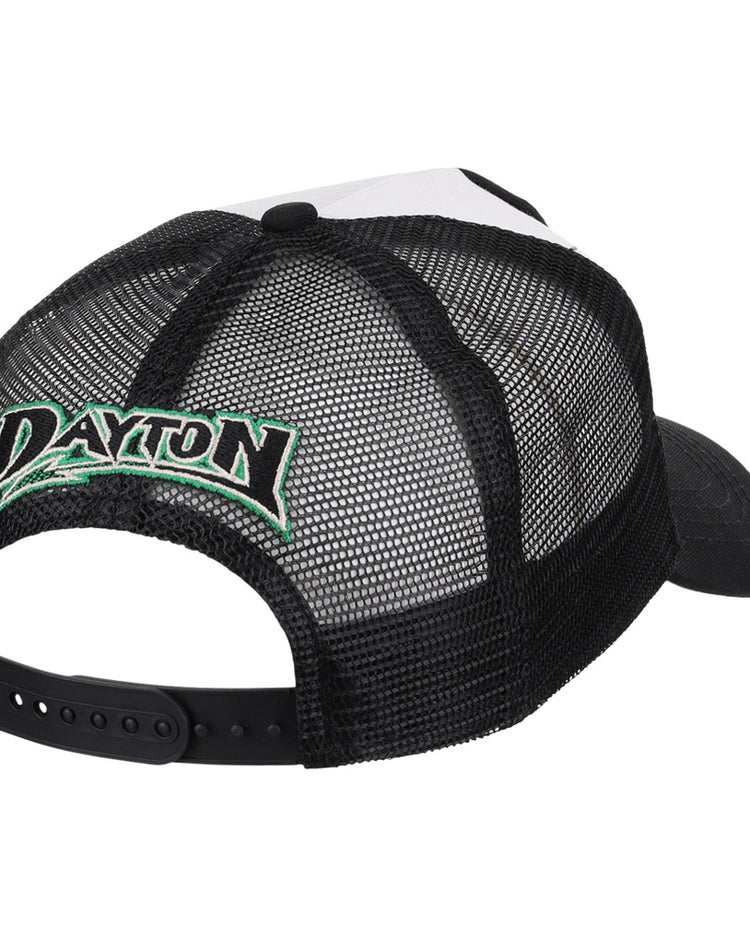 The Ebbets Field Dayton Dragons MiLB Trucker Ballcap is a black mesh hat shown from the back, with an adjustable snap closure and 