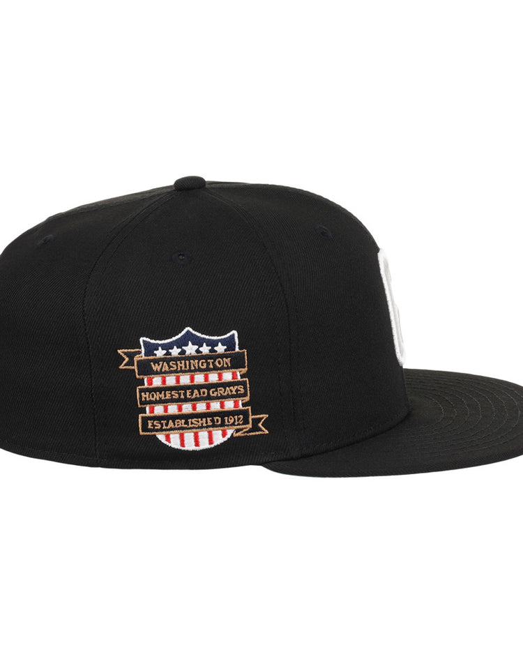 The Ebbets Field Homestead Grays NLB Tc Fitted Ballcap is a black, flat-brim cap with side embroidered patches—a shield with stars and stripes, plus banners reading Washington, Homestead Grays, and Established 1912.