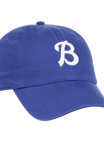 The Ebbets Field Buffalo Bisons MiLB Dad Ballcap is a blue cap with a curved brim and a white embroidered capital B on the front.