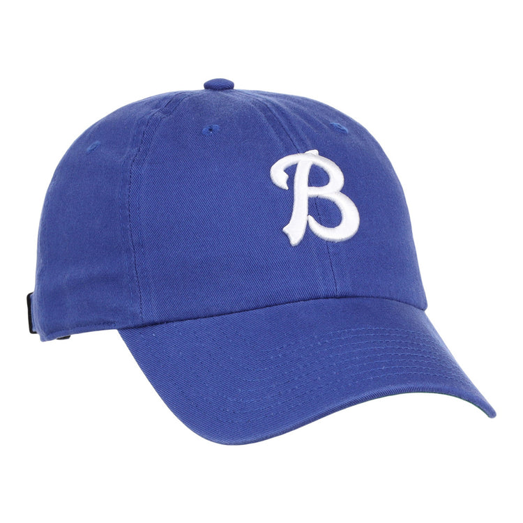 The Ebbets Field Buffalo Bisons MiLB Dad Ballcap is a blue cap with a curved brim and a white embroidered capital B on the front.
