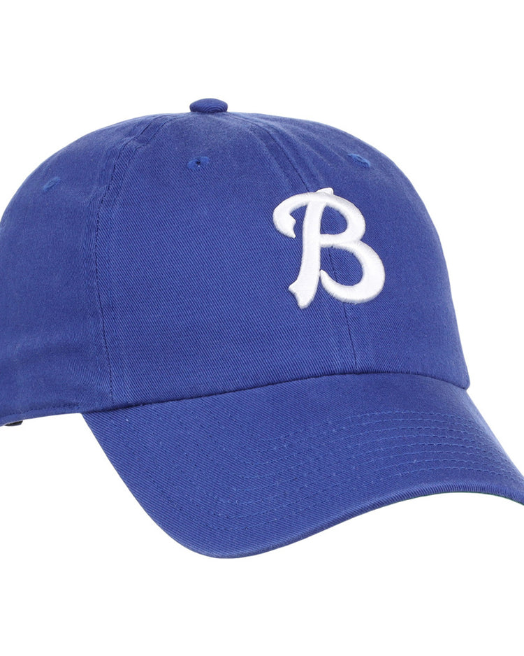 The Ebbets Field Buffalo Bisons MiLB Dad Ballcap is a blue cap with a curved brim and a white embroidered capital B on the front.