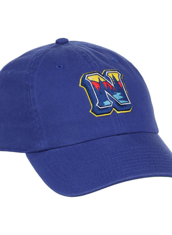 The Ebbets Field Northwest Arkansas Naturals MiLB Dad Ballcap is a blue hat with a colorful, stylized letter N embroidered on the front.