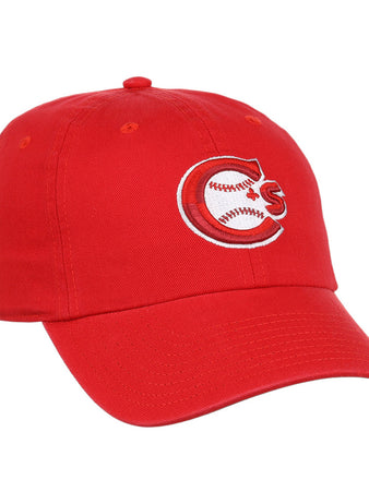 The Ebbets Field Vancouver Canadians MiLB Dad Ballcap is a red cap with an embroidered bear-face baseball 