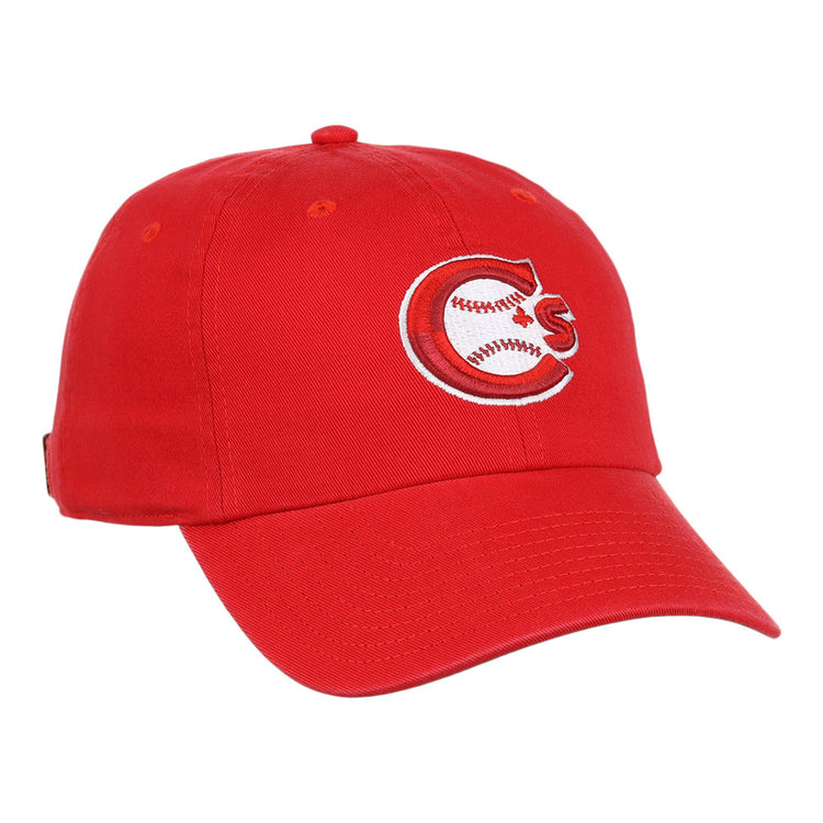 The Ebbets Field Vancouver Canadians MiLB Dad Ballcap is a red cap with an embroidered bear-face baseball 