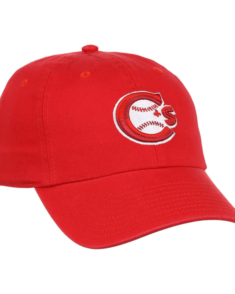 The Ebbets Field Vancouver Canadians MiLB Dad Ballcap is a red cap with an embroidered bear-face baseball 